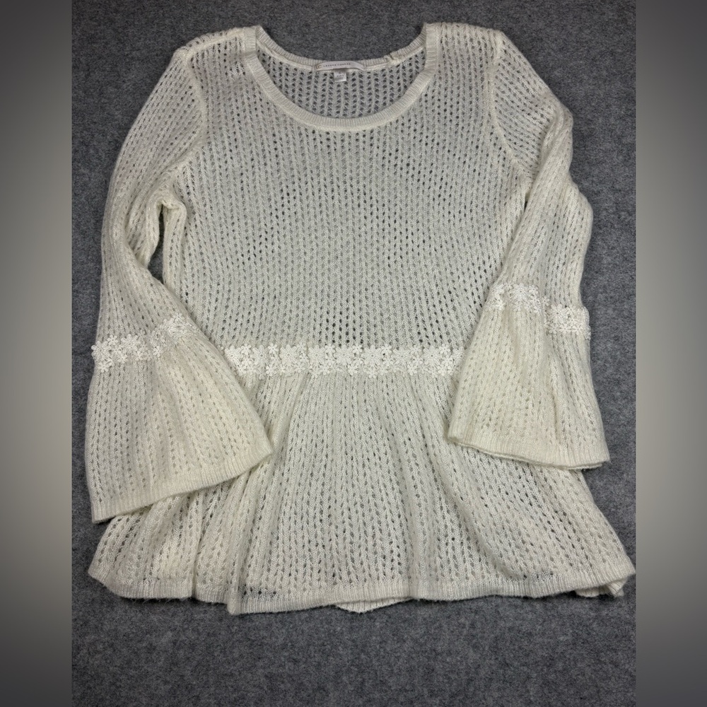 LC Lauren Conrad Ivory Open Knit Blouse Lace Trim Bell Sleeve Peplum